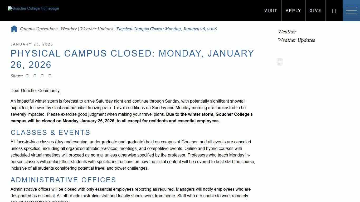 Physical Campus Closed: Monday, January 26, 2026 Goucher College